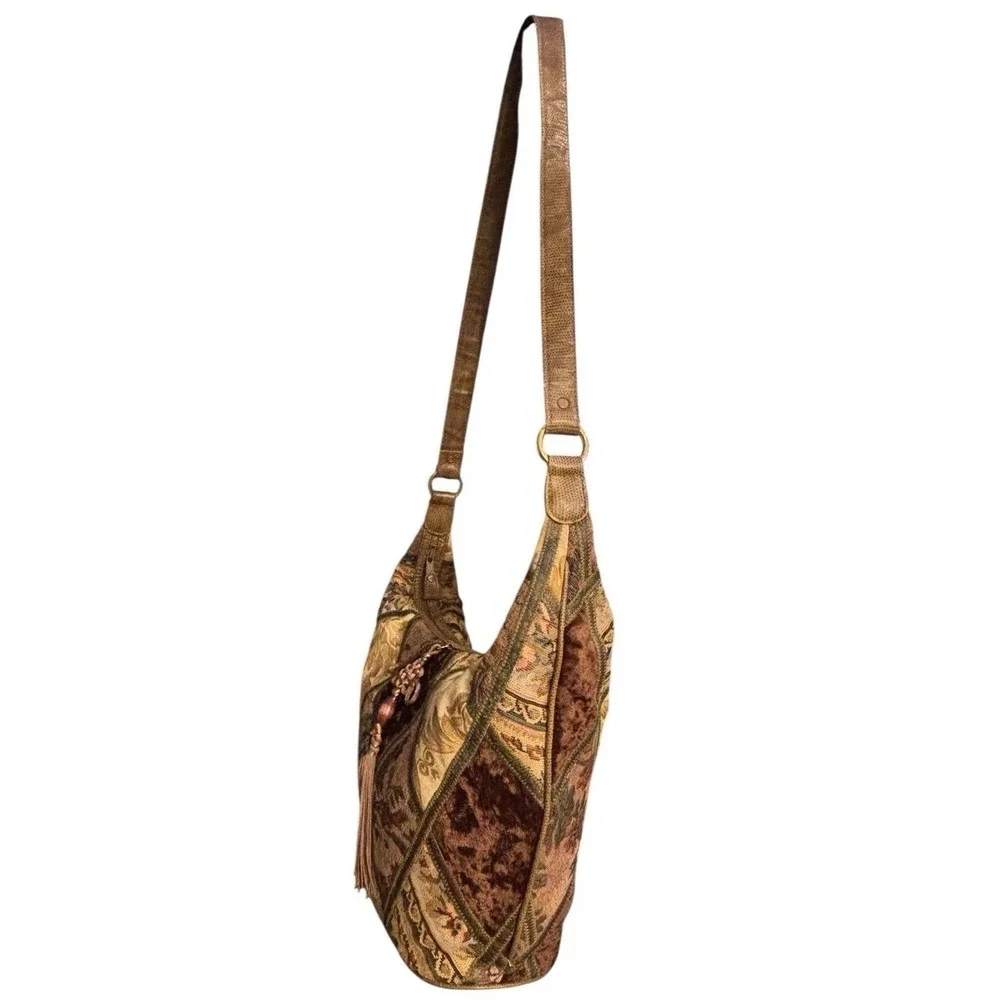 Vintage Boho Patchwork Tapestry Hobo Shoulder Bag Earth Tones Y2K Handmade Large